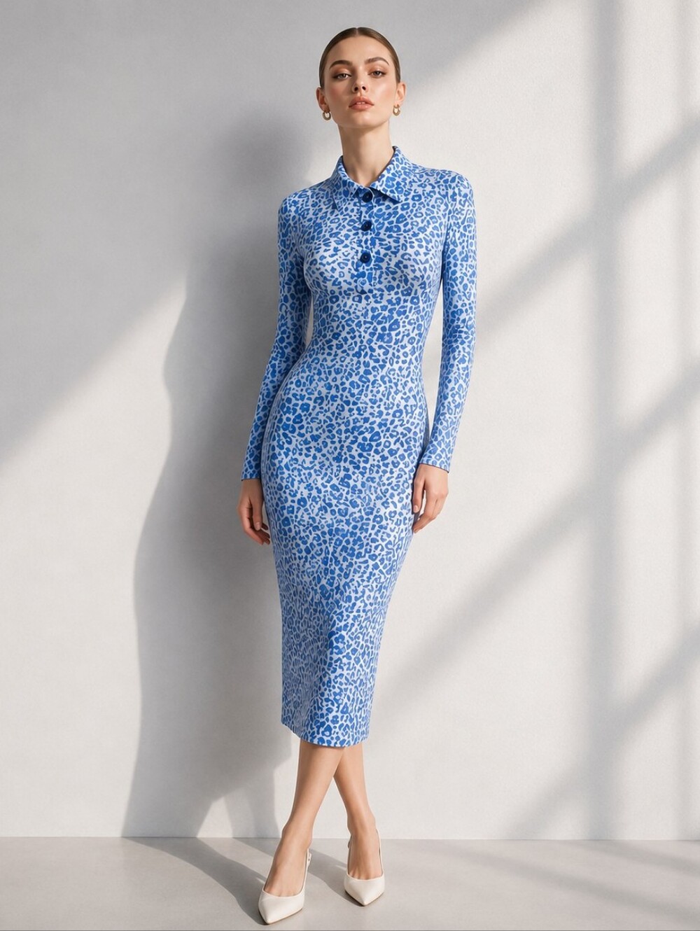 Baum Und Pferdgarten Cool Icy Blue Leopard Dress Size Small Midi Stretch Bodycon